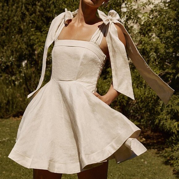 ❌SOLD❌Dissh AISLE PEARL LINEN BOW MINI DRESS - Picture 1 of 6